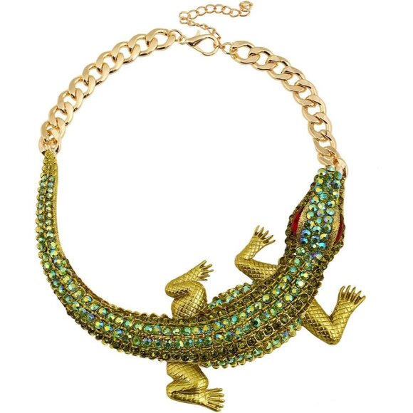 Fashion Green Rhinestone Crocodile Statement Necklace for Women - Punk Gothic Bi - Picture 1 of 6